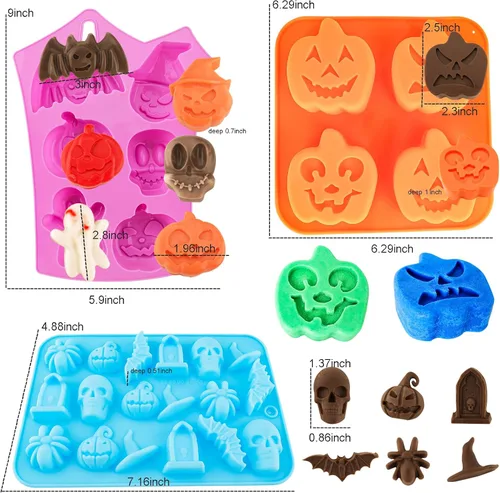 Vista 2 de Moldes de silicona para chocolate, 5 unidades, calabaza, murciélago, cráneo, fantasma, araña, moldes para hornear, cavidad grande, mediana y pequeña