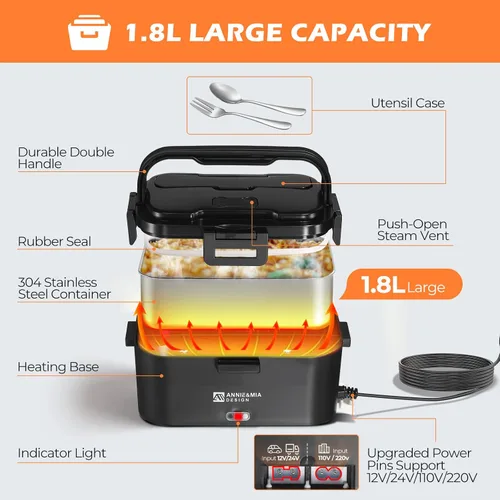 Vista 5 de Annie & Mia Design Fiambrera eléctrica para adultos, 100 W, 1.8 L, calentador de alimentos portátil para hombres, lonchera térmica para adultos