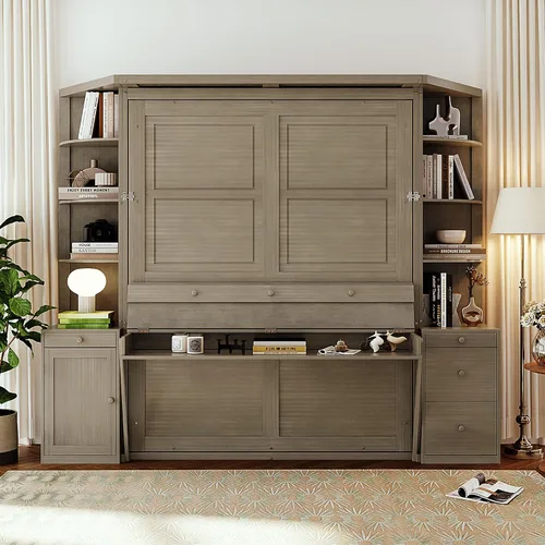 Vista 27 de Cama Murphy de Pared Tamaño Queen con Escritorio en Forma de L, Sofá de 2 Asientos y Luz, Marco de Cama Murphy Tradicional de Madera Maciza
