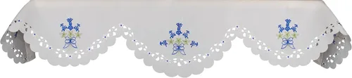 Vista 2 de Bufanda bordada para chimenea con capó azul y blanco y trabajo de corte (19 pulgadas de ancho x 90 largo)