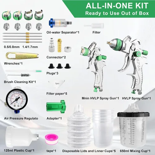 Vista 8 de HVLP - Kit de pistola de pulverización de aire, 2 pistolas de pintura automotriz, 0.5/0.031 in, 4.2 fl oz y 1.4/0.067 in 20.3 fl oz desechables taza