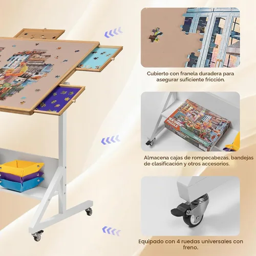 Vista 6 de Tektalk Mesa de rompecabezas con ajuste de ángulo y altura, caballete de rompecabezas con cubierta y 5 cajones de clasificación, tabla inclinable