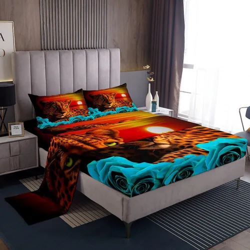 Vista 46 de Erosebridal Sábanas de cama de guepardo con rosa roja, juego de sábanas de bolsillo profundo con estampado de leopardo y gato, sábana bajera