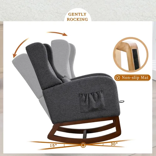 Vista 5 de Mecedora moderna para guardería, cómoda silla mecedora con reposapiés, sillón de lectura acentuado con almohada y bolsillo, mecedora tapizada