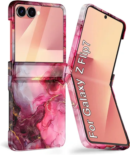 Vista 10 de Btscase Funda para Samsung Galaxy Z Flip 6, protector de pantalla frontal integrado, patrón de mármol dorado con purpurina de policarbonato duro