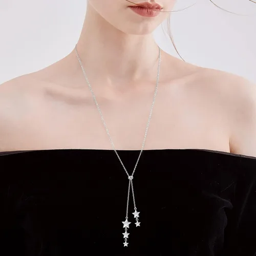 Vista 4 de YinShan Collar delicado de cadena larga de estilo simple de plata de ley 925 con dije de estrella de perlas ajustable en forma de Y para mujer