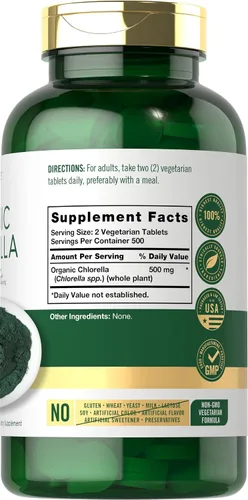 Vista 2 de Carlyle Chlorella Tablets Organic 500 mg 1000 unidades Suplemento vegetariano, sin OMG y sin gluten