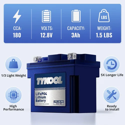 Vista 3 de TYKOOL YTX5L-BS Batería de litio de alto rendimiento LiFePO4 para motocicleta, 12.8V 3Ah, 180CCA, BMS incorporado, batería para deportes de motor