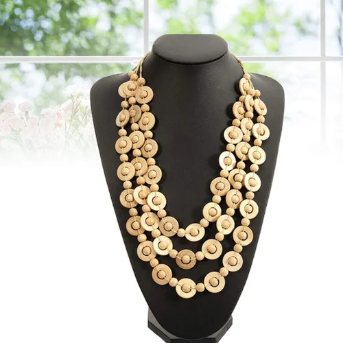 Vista 5 de Amosfun Collar de estilo bohemio retro para mujer, diseño de concha de coco, cuentas de madera tejidas a mano, joyería de moda de playa, dije