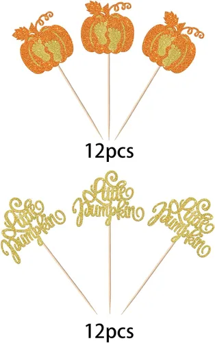 Vista 3 de Paquete de 24 adornos para cupcakes de calabaza con purpurina para cupcakes de calabaza para Acción de Gracias, baby shower, decoración de cupcakes