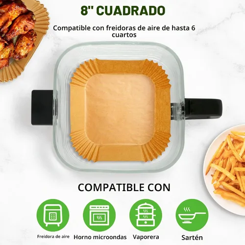 Vista 4 de NutriChef 50 forros de papel para freidora de aire, revestimiento cuadrado desechable para pergamino, antiadherente, resistente al aceite y al agua