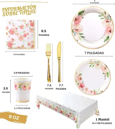 Vista 2 de Platos y servilletas de papel florales para fiesta - Sirve para 16 - Platos florales Tazas florales Cuchillos Tenedores Decoraciones de baby shower