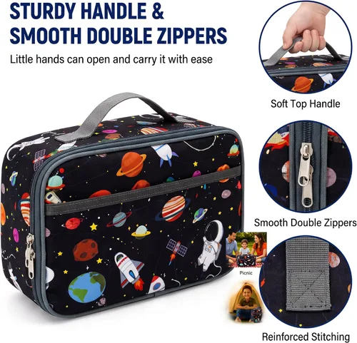 Vista 6 de Kulle - Lonchera de astronauta para niños, bolsa de almuerzo con tema espacial aislada, lonchera térmica reutilizable para niños, para la escuela