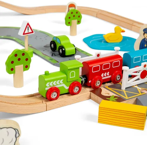 Vista 4 de Bigjigs Rail Juego de tren de madera de 80 piezas para carretera rural y ferrocarril, juego de tren para niños con 80 accesorios de tren Bigjigs