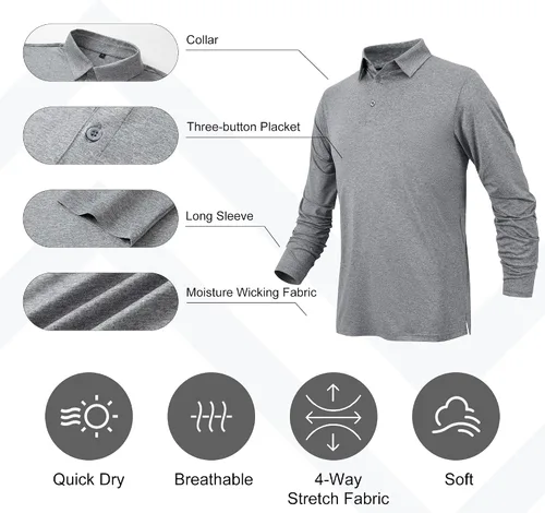Vista 6 de BALENNZ Polos de manga larga para hombre, absorben la humedad, camisas polo de manga larga para hombre, polos de golf de secado rápido para hombres