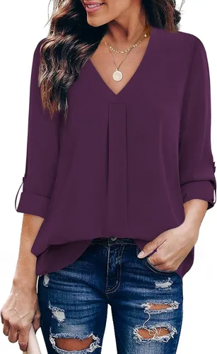 Vista 23 de Youtalia Blusas para mujer, elegantes, informales, de negocios, manga 3/4, de gasa, cuello en V, camisas de trabajo y oficina