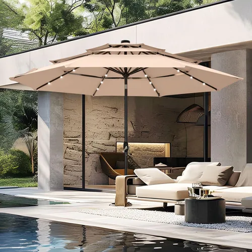 Vista 14 de PHI VILLA - Sombrillas de patio de 9 pies con 24 luces LED solares, sombrilla iluminada para mesa de mercado al aire libre con 8 varillas de acero