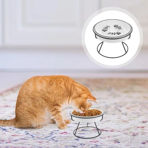 Vista 5 de Ceramic Cat Bowl Elevated Slow Feeder with Iron Stand