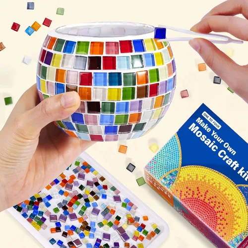 Vista 7 de Kit de portavelas de mosaico de vidrio, kits de mosaico de bricolaje para adultos y manualidades para niñas de 8 a 12 años, artes y manualidades