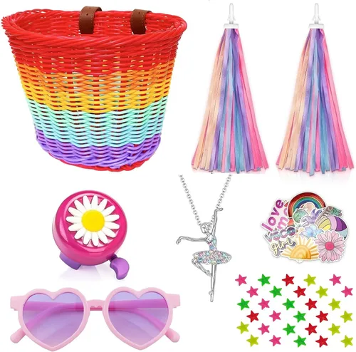 Vista 8 de Cesta de bicicleta para manillar para niñas con collar de unicornio, campana, serpentinas, cuentas de rueda, lentes de sol, calcomanías, juego