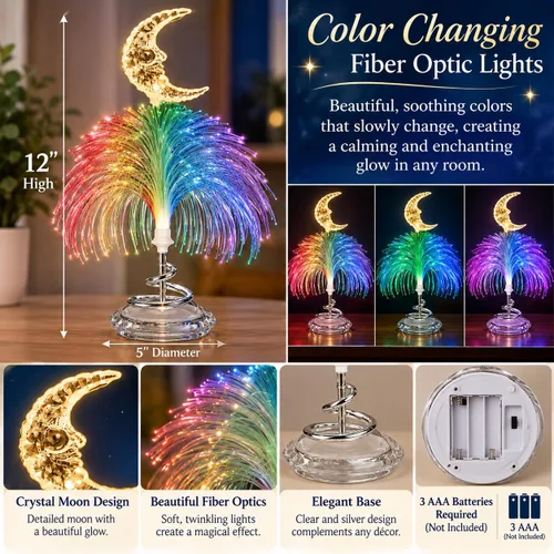 Vista 3 de BANBERRY DESIGNS Lámpara de luna de fibra óptica: luz LED de escritorio que cambia de color, luz nocturna a pilas, lámpara decorativa de fibra