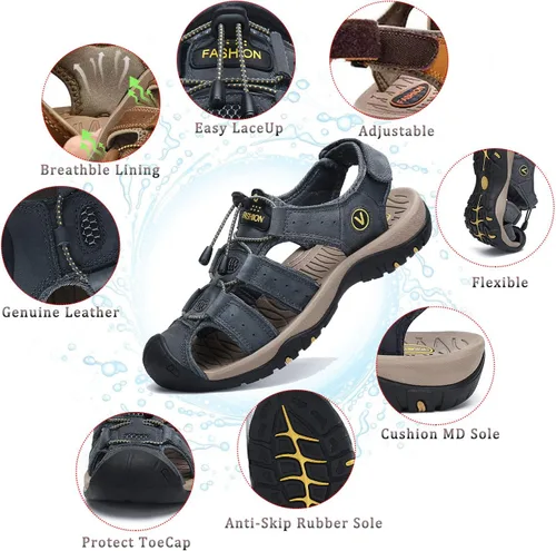 Vista 2 de FLARUT - Sandalias deportivas para hombre, sandalias para senderismo y exteriores, diseño informal de cuero con punta cerrada, sandalias atléticas