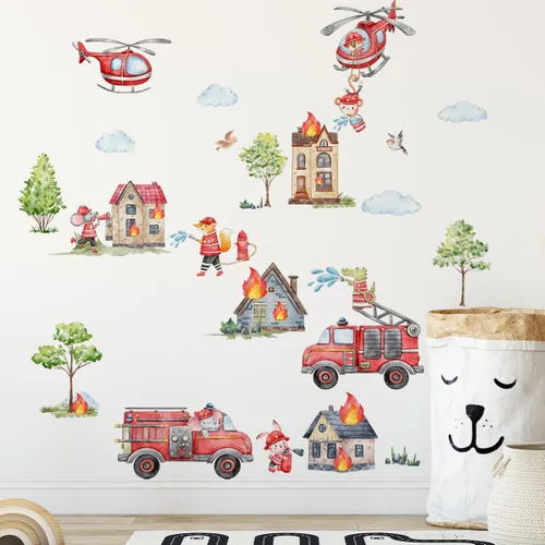 Vista 2 de Runtoo Calcomanías de pared de camión de bomberos, calcomanías de pared para automóvil, automóvil, helicóptero, bombero, decoración de pared
