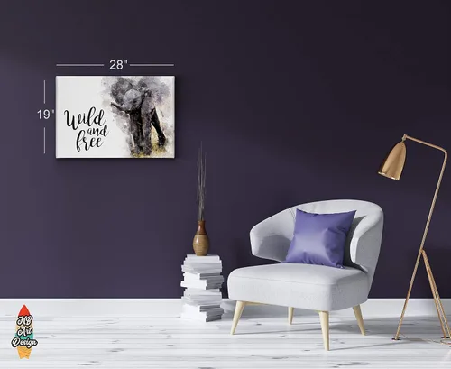 Vista 3 de Lienzo impreso con texto en inglés «Cute Baby Elephant» Wild and Free Quote - Pintura de acuarela con fondo blanco, arte de pared de animales