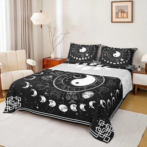 Vista 33 de Erosebridal Juego de sábanas tamaño individual con estampado de luna, diseño de flores de loto, color morado degradado, juego de sábanas orientales