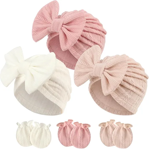 Vista 13 de BQUBO Gorros para Niñas Recién Nacidas Conjunto de Gorro y Manoplas para Bebé Gorros para Infantes con Moño Gorro de Hospital con Manoplas