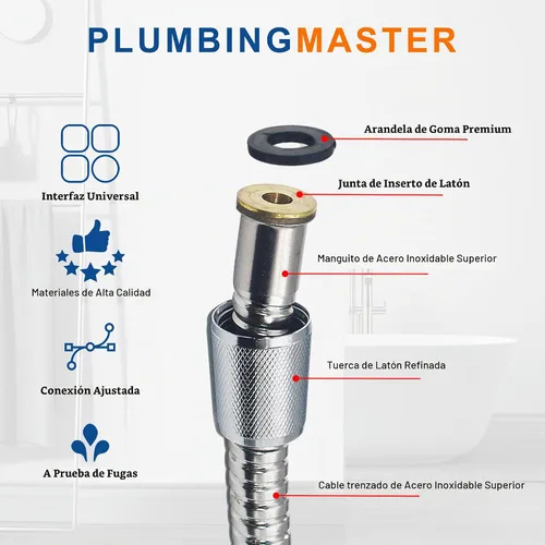Vista 2 de Manguera de ducha de 60 pulgadas de acero inoxidable de mano de repuesto con tuerca de latón, extensión de manguera de ducha flexible larga