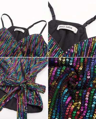 Vista 5 de GRACE KARIN Camiseta de lentejuelas para mujer, camiseta sin mangas brillante con cuello en V, sexy, con lazo en la cintura, para fiesta, club