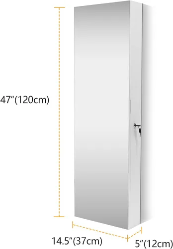 Vista 4 de Vlsrka Armario con espejo LED de 47.2 pulgadas, organizador de joyas montado en la paredpuerta con espejo de longitud completa, gabinete colgante