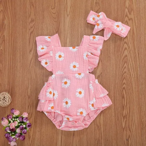 Vista 2 de Bebé Niñas Impresión Margarita Algodón Lino Volantes Sin Mangas Mameluco Mono Mono con Headaband Ropa Infantil Verano