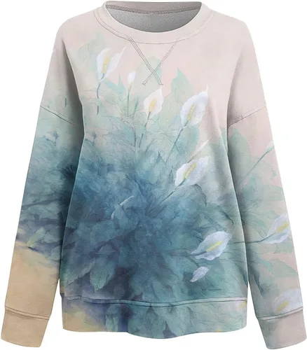 Vista 4 de Camisas de manga larga de otoño para mujer, blusa de cuello redondo, camisa de moda estampada, suéter casual, sudaderas sueltas