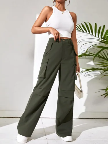 Vista 4 de WDIRARA Pantalones cargo de cintura alta con botones de pierna ancha y bolsillos para mujer