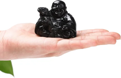 Vista 3 de BRABUD Estatuas de Buda riendo de resina que sostienen Ruyi Home Office Shop Desk Decorativo Traer Lucky Wealth Adornos Negro 2.1 '' TQGJBS73