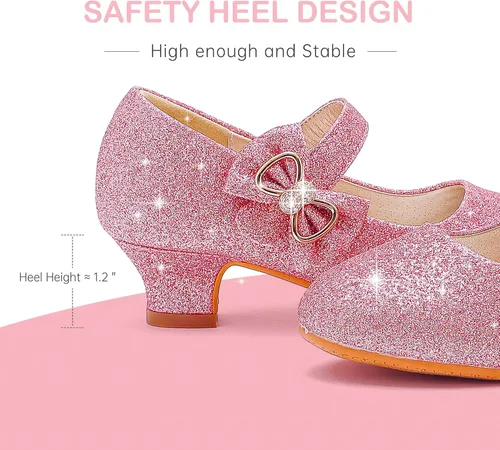 Vista 5 de Dufannie Zapatos de vestir para niñas, zapatos de tacón bajo de princesa, zapatos planos con purpurina para bodas y fiestas