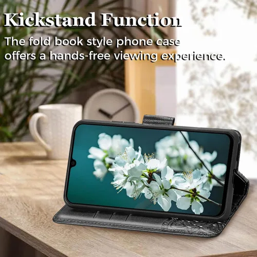 Vista 3 de Funda para teléfono Galaxy A14 5G, funda de piel sintética en relieve de mariposa con tarjeteros para tarjetas de crédito, correa de muñeca
