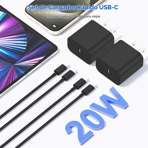 Vista 5 de Cargador de carga rápida para iPhone 17, 16, 15, paquete de 20 W, Apple iPad, USB C, bloque Chrager de pared con cable USB C a C de 6 pies para Negro