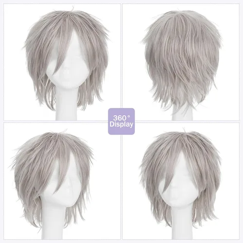 Vista 4 de Pelucas de pelo sintético lacio, corto y esponjoso. Para fiestas de cosplay, anime peluca con pelo despeinado y puntiagudo, para hombre y mujer
