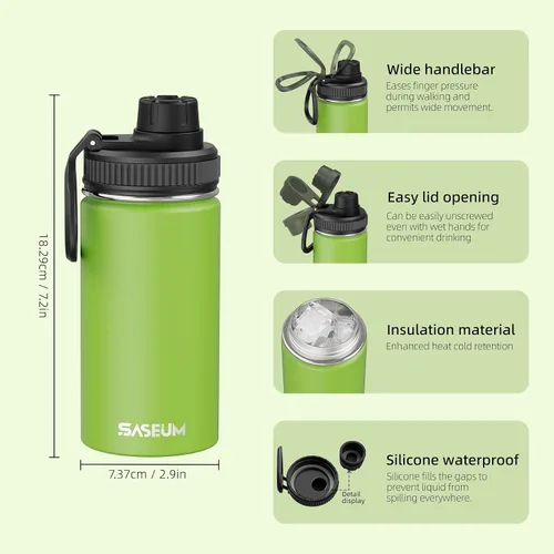 Vista 2 de SASEUM Botella de agua de acero inoxidable de 12 onzas, botella aislada sin BPA con tapa de boquilla a prueba de fugas, botella de metal de boca