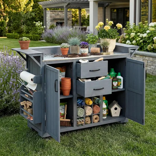 Vista 17 de JIVOIT Isla de cocina al aire libre de 78.3 pulgadas con mesa plegable, carrito de madera para exteriores con almacenamiento de basura y parte