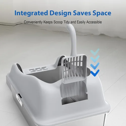 Vista 6 de Furkid Caja de arena para gatos de acero inoxidable con tapa, caja de arena extra grande XL para gatos grandes, bandeja de metal de alta cara