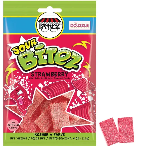 Vista 2 de DOUzzle Kosher Sour Candy Variety, Bitez, Belts, Sticks & Laces (4 Bags) Strawberry Pieces, 4x4 Strips, Forest Berry Straws, Rainbow Ropes