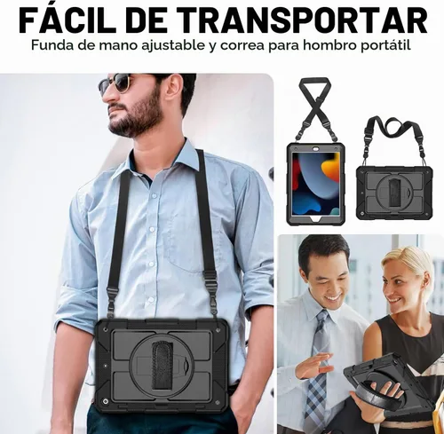 Vista 9 de BMOUO Funda para iPad de 9ª/8ª/7ª generación de 10.2", a prueba de golpes con soporte giratorio de 360°, correa de hombro y mano, funda para iPad