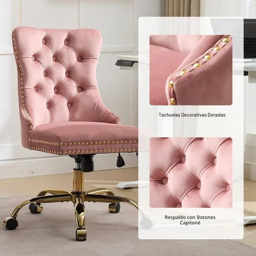 Vista 5 de Silla de escritorio de oficina en casa de terciopelo rosa con ruedas y base dorada, cómoda silla de tocador para maquillaje con respaldo copetado