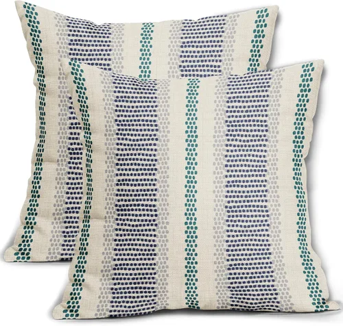 Vista 13 de Juego de 2 fundas de almohada negras y azules con rayas de puntos grises, decorativas para exteriores, estilo boho rústico, para sofá, cama, cojín