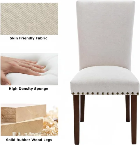Vista 3 de Juego de 6 sillas de comedor tapizadas color beige - Sillas de cocina estilo granja con respaldo alto, patas de madera de caucho maciza, asiento