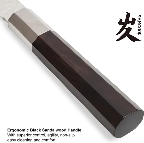 Vista 4 de SAMCOOK - Cuchillo de chef japonés – Cuchillo de cocina profesional de 8 pulgadas con acabado martillado de Damasco, cuchillo de cocina de acero